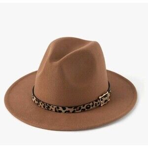 New! Women's Wide Brim Felt Fedora Panama Hat with Leopard Print Buckle